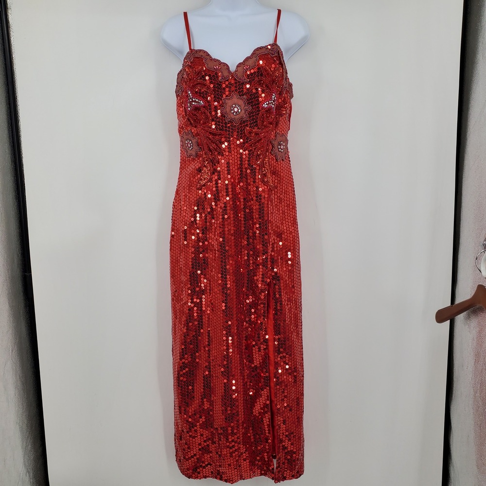 Vintage Alyce Designs Red Sequin Beaded Maxi Gown Side Slit 12 Formal Party USA